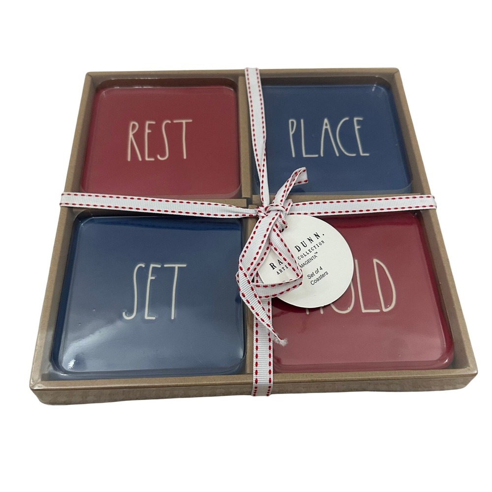 Rae Dunn Artisan Collection Magenta‎ Coaster Set of 4 Square Place Set